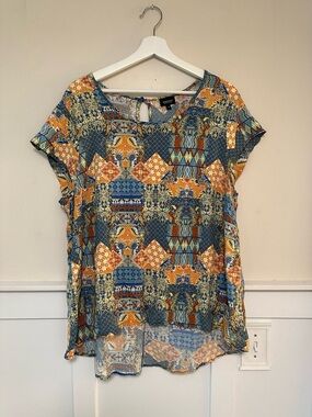 Jones & Co New York Blue & Orange Printed Short Sleeve Blouse 1X